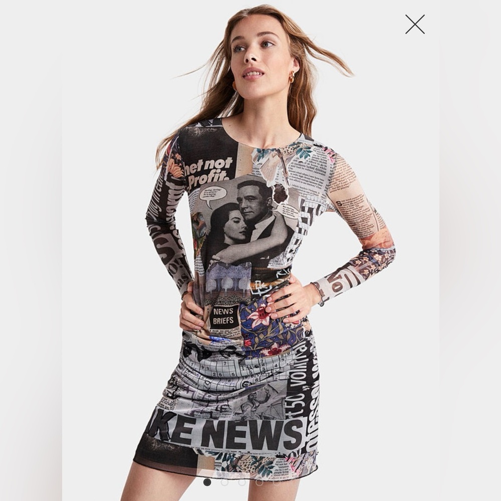DESIGUAL Breaking News Tulle Newsprint Long Sleeve Mini Dress - Picture 4 of 7
